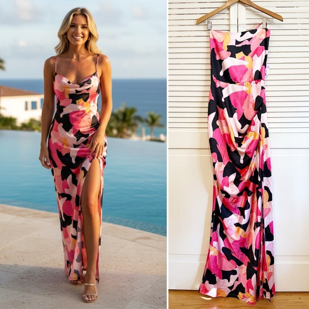 NWT NEW Club L London A-List Pink Printed Cowl Neck Satin Maxi Dress